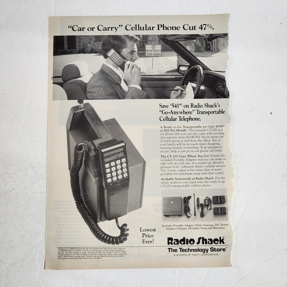 Vintage 1990 Radio Shack CT-201 Transportable Cellular Phone Print Ad 8x10